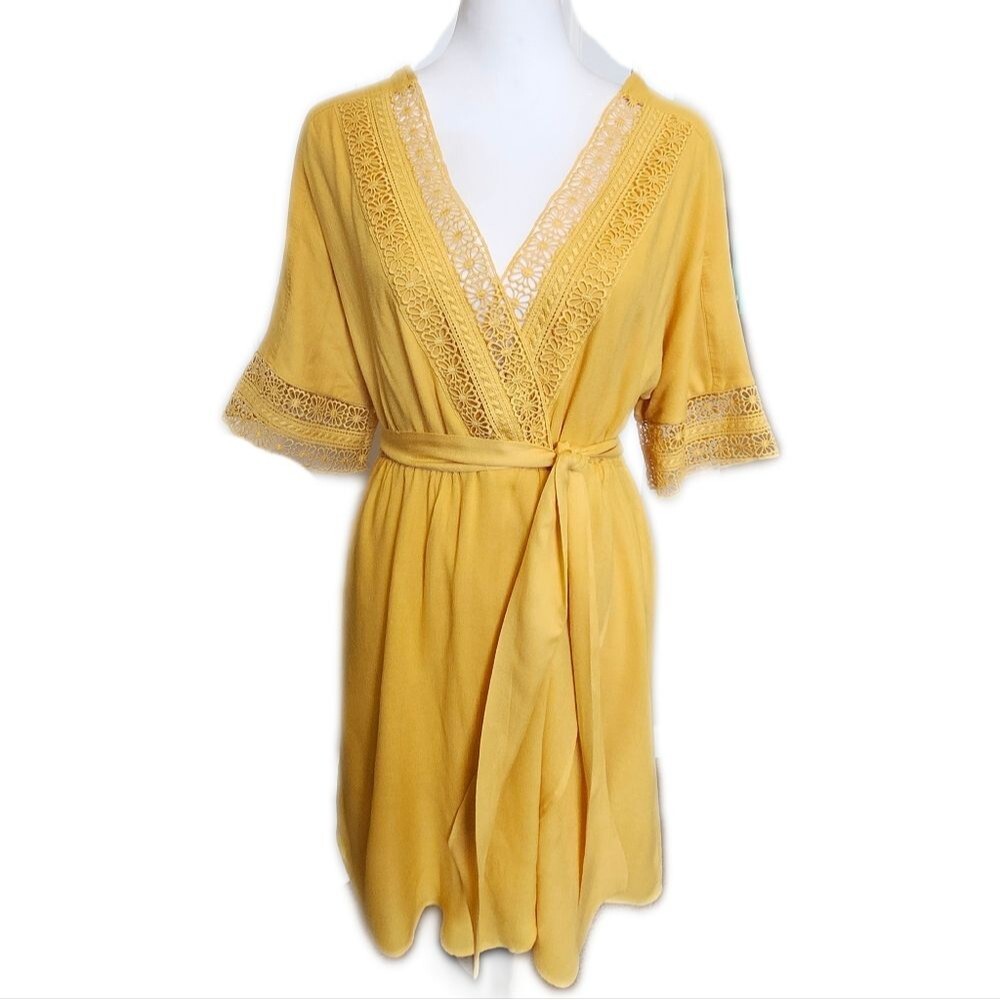 Altar'd State Jovanna Mustard Mini Dress With Tie Belt, Embroidered, L